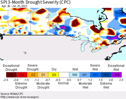 Canada SPI 3-Month Drought Severity (CPC) Thematic Map For 4/26/2022 - 7/25/2022