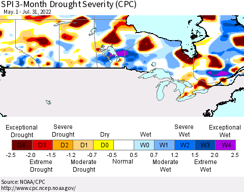 Canada SPI 3-Month Drought Severity (CPC) Thematic Map For 5/1/2022 - 7/31/2022