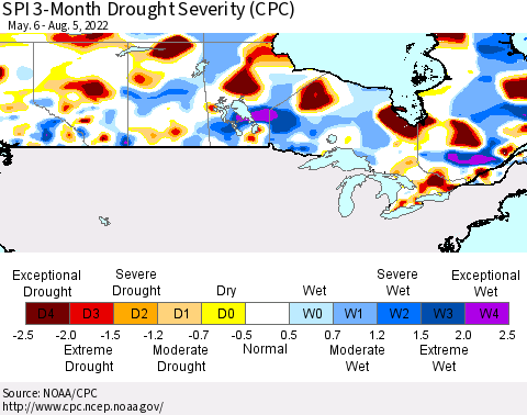 Canada SPI 3-Month Drought Severity (CPC) Thematic Map For 5/6/2022 - 8/5/2022