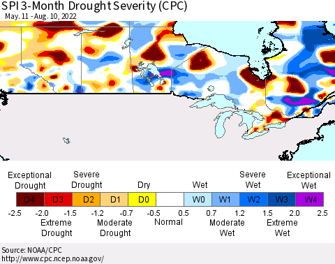 Canada SPI 3-Month Drought Severity (CPC) Thematic Map For 5/11/2022 - 8/10/2022