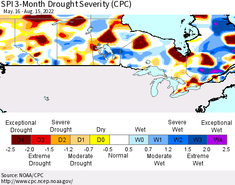 Canada SPI 3-Month Drought Severity (CPC) Thematic Map For 5/16/2022 - 8/15/2022