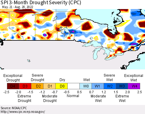 Canada SPI 3-Month Drought Severity (CPC) Thematic Map For 5/21/2022 - 8/20/2022