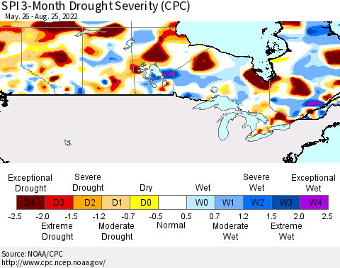 Canada SPI 3-Month Drought Severity (CPC) Thematic Map For 5/26/2022 - 8/25/2022