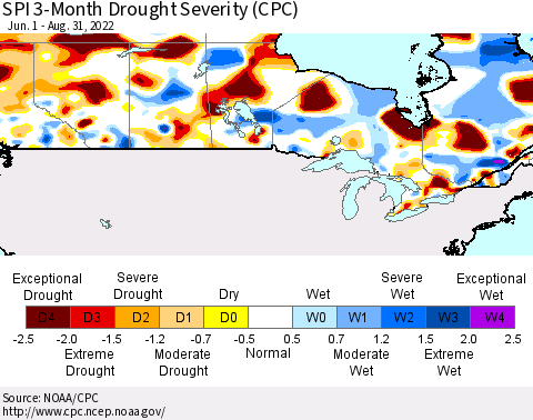 Canada SPI 3-Month Drought Severity (CPC) Thematic Map For 6/1/2022 - 8/31/2022