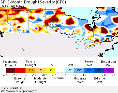 Canada SPI 3-Month Drought Severity (CPC) Thematic Map For 6/6/2022 - 9/5/2022
