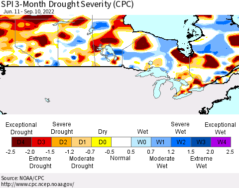 Canada SPI 3-Month Drought Severity (CPC) Thematic Map For 6/11/2022 - 9/10/2022