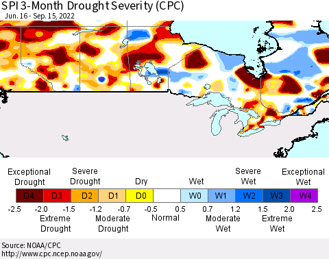 Canada SPI 3-Month Drought Severity (CPC) Thematic Map For 6/16/2022 - 9/15/2022