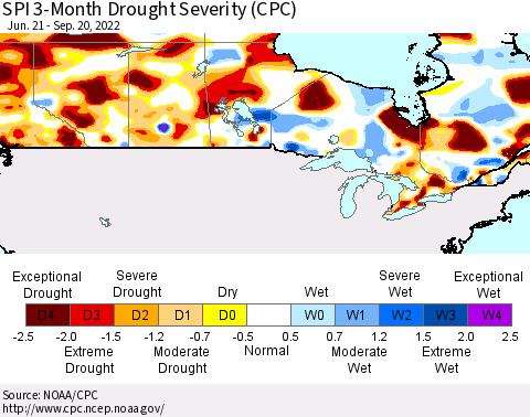 Canada SPI 3-Month Drought Severity (CPC) Thematic Map For 6/21/2022 - 9/20/2022