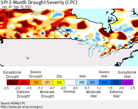 Canada SPI 3-Month Drought Severity (CPC) Thematic Map For 6/26/2022 - 9/25/2022