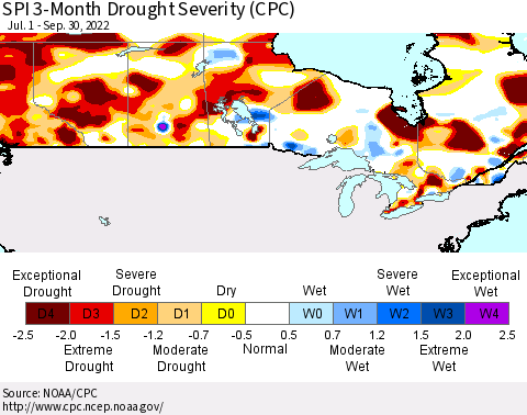Canada SPI 3-Month Drought Severity (CPC) Thematic Map For 7/1/2022 - 9/30/2022