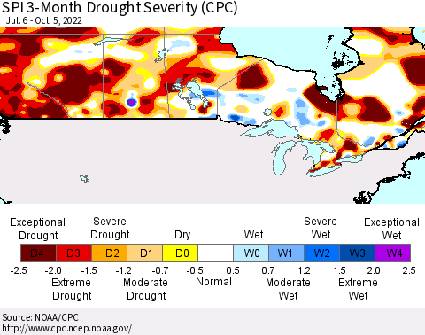 Canada SPI 3-Month Drought Severity (CPC) Thematic Map For 7/6/2022 - 10/5/2022
