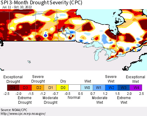 Canada SPI 3-Month Drought Severity (CPC) Thematic Map For 7/11/2022 - 10/10/2022