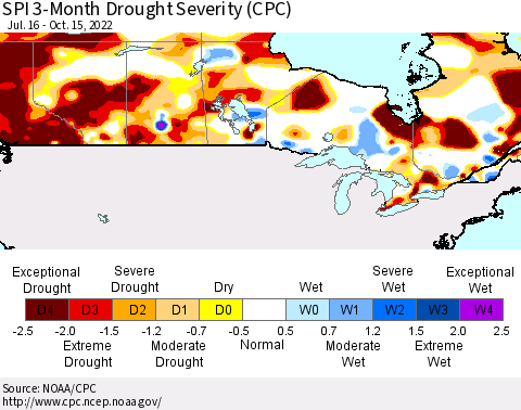 Canada SPI 3-Month Drought Severity (CPC) Thematic Map For 7/16/2022 - 10/15/2022
