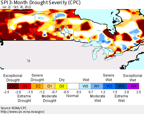 Canada SPI 3-Month Drought Severity (CPC) Thematic Map For 7/21/2022 - 10/20/2022