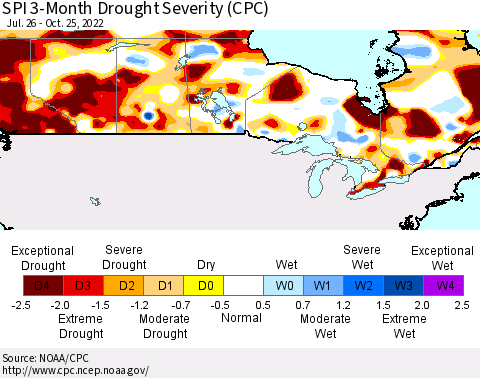 Canada SPI 3-Month Drought Severity (CPC) Thematic Map For 7/26/2022 - 10/25/2022