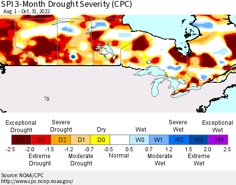 Canada SPI 3-Month Drought Severity (CPC) Thematic Map For 8/1/2022 - 10/31/2022