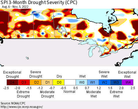 Canada SPI 3-Month Drought Severity (CPC) Thematic Map For 8/6/2022 - 11/5/2022
