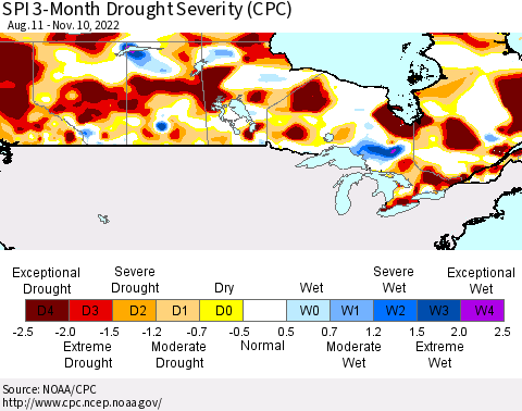 Canada SPI 3-Month Drought Severity (CPC) Thematic Map For 8/11/2022 - 11/10/2022