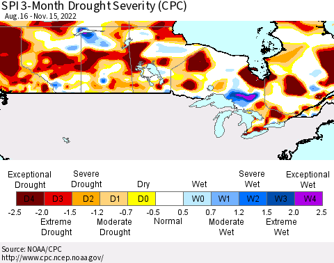 Canada SPI 3-Month Drought Severity (CPC) Thematic Map For 8/16/2022 - 11/15/2022