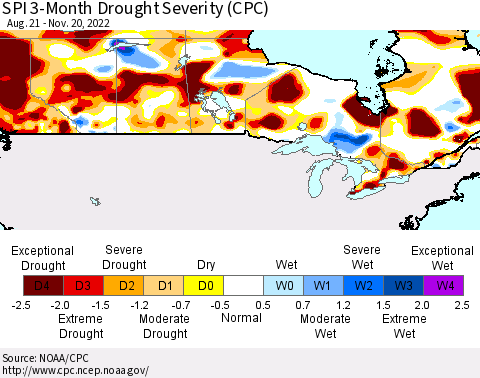 Canada SPI 3-Month Drought Severity (CPC) Thematic Map For 8/21/2022 - 11/20/2022