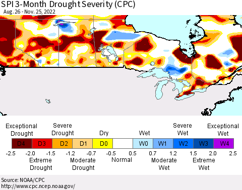 Canada SPI 3-Month Drought Severity (CPC) Thematic Map For 8/26/2022 - 11/25/2022