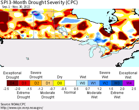 Canada SPI 3-Month Drought Severity (CPC) Thematic Map For 9/1/2022 - 11/30/2022