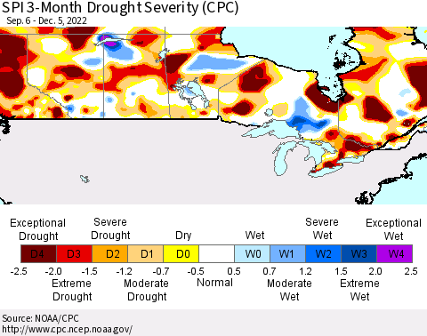 Canada SPI 3-Month Drought Severity (CPC) Thematic Map For 9/6/2022 - 12/5/2022