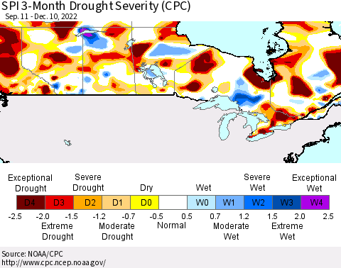 Canada SPI 3-Month Drought Severity (CPC) Thematic Map For 9/11/2022 - 12/10/2022