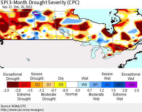 Canada SPI 3-Month Drought Severity (CPC) Thematic Map For 9/21/2022 - 12/20/2022