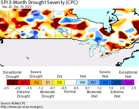 Canada SPI 3-Month Drought Severity (CPC) Thematic Map For 9/26/2022 - 12/25/2022