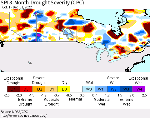 Canada SPI 3-Month Drought Severity (CPC) Thematic Map For 10/1/2022 - 12/31/2022