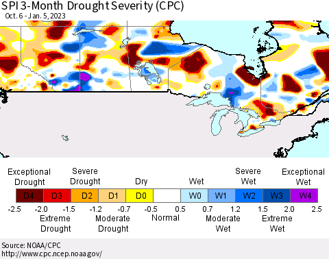 Canada SPI 3-Month Drought Severity (CPC) Thematic Map For 10/6/2022 - 1/5/2023