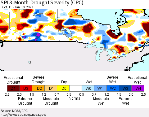 Canada SPI 3-Month Drought Severity (CPC) Thematic Map For 10/11/2022 - 1/10/2023
