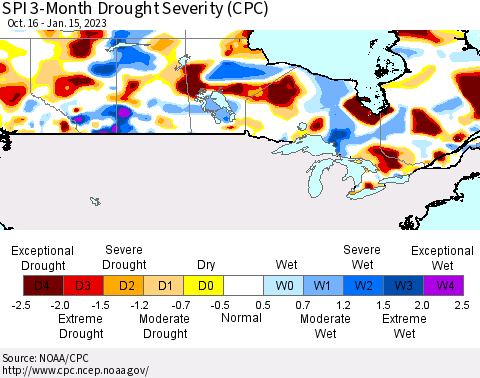 Canada SPI 3-Month Drought Severity (CPC) Thematic Map For 10/16/2022 - 1/15/2023