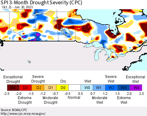 Canada SPI 3-Month Drought Severity (CPC) Thematic Map For 10/21/2022 - 1/20/2023