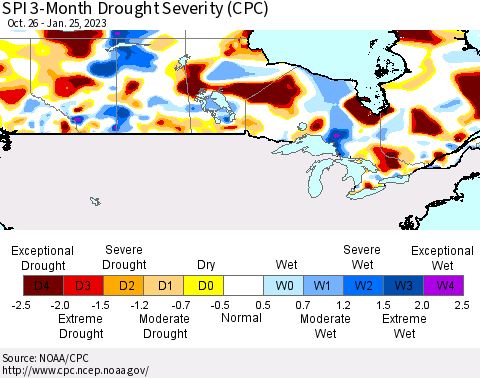 Canada SPI 3-Month Drought Severity (CPC) Thematic Map For 10/26/2022 - 1/25/2023