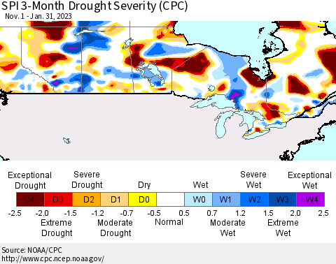 Canada SPI 3-Month Drought Severity (CPC) Thematic Map For 11/1/2022 - 1/31/2023
