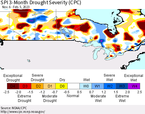 Canada SPI 3-Month Drought Severity (CPC) Thematic Map For 11/6/2022 - 2/5/2023