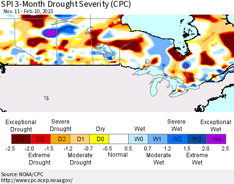 Canada SPI 3-Month Drought Severity (CPC) Thematic Map For 11/11/2022 - 2/10/2023