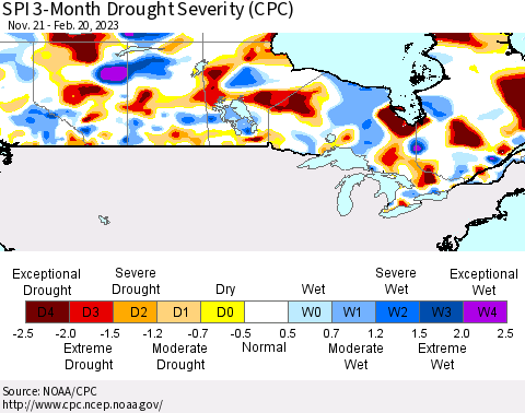 Canada SPI 3-Month Drought Severity (CPC) Thematic Map For 11/21/2022 - 2/20/2023