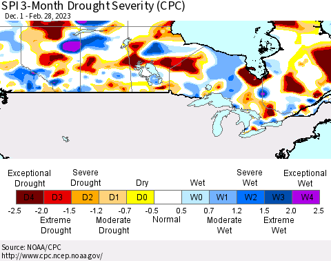 Canada SPI 3-Month Drought Severity (CPC) Thematic Map For 12/1/2022 - 2/28/2023
