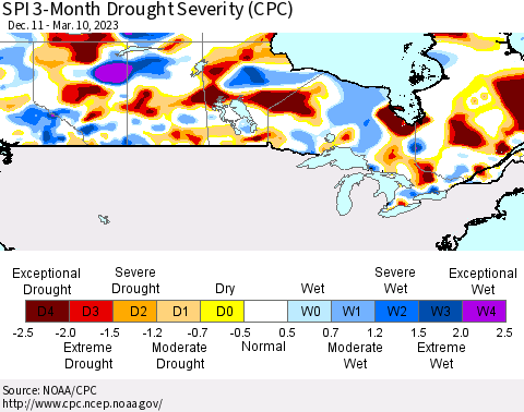 Canada SPI 3-Month Drought Severity (CPC) Thematic Map For 12/11/2022 - 3/10/2023