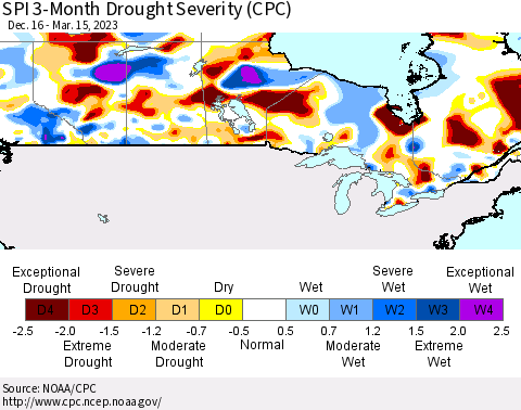 Canada SPI 3-Month Drought Severity (CPC) Thematic Map For 12/16/2022 - 3/15/2023
