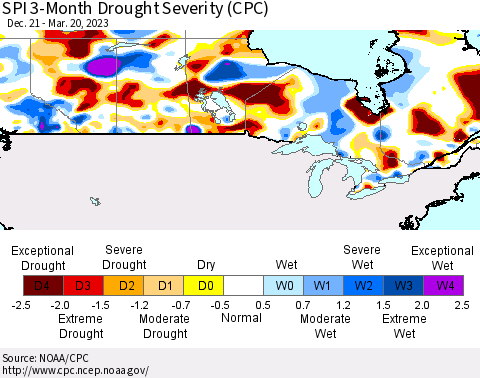 Canada SPI 3-Month Drought Severity (CPC) Thematic Map For 12/21/2022 - 3/20/2023