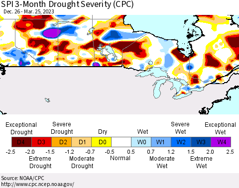 Canada SPI 3-Month Drought Severity (CPC) Thematic Map For 12/26/2022 - 3/25/2023