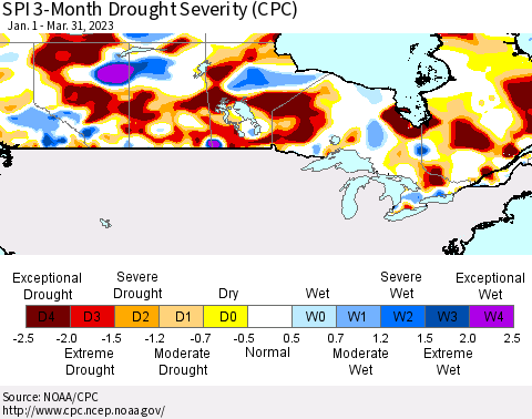 Canada SPI 3-Month Drought Severity (CPC) Thematic Map For 1/1/2023 - 3/31/2023