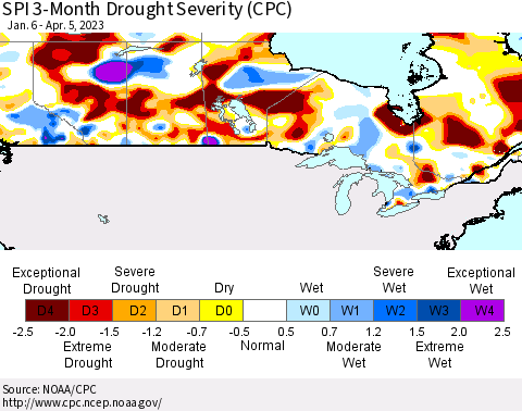 Canada SPI 3-Month Drought Severity (CPC) Thematic Map For 1/6/2023 - 4/5/2023