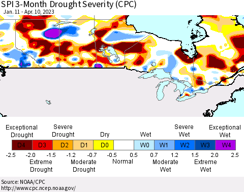 Canada SPI 3-Month Drought Severity (CPC) Thematic Map For 1/11/2023 - 4/10/2023