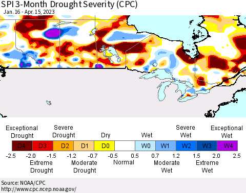Canada SPI 3-Month Drought Severity (CPC) Thematic Map For 1/16/2023 - 4/15/2023