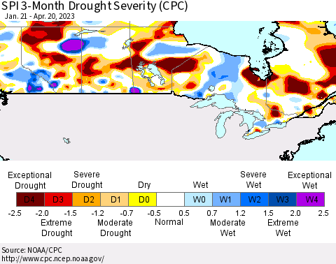 Canada SPI 3-Month Drought Severity (CPC) Thematic Map For 1/21/2023 - 4/20/2023